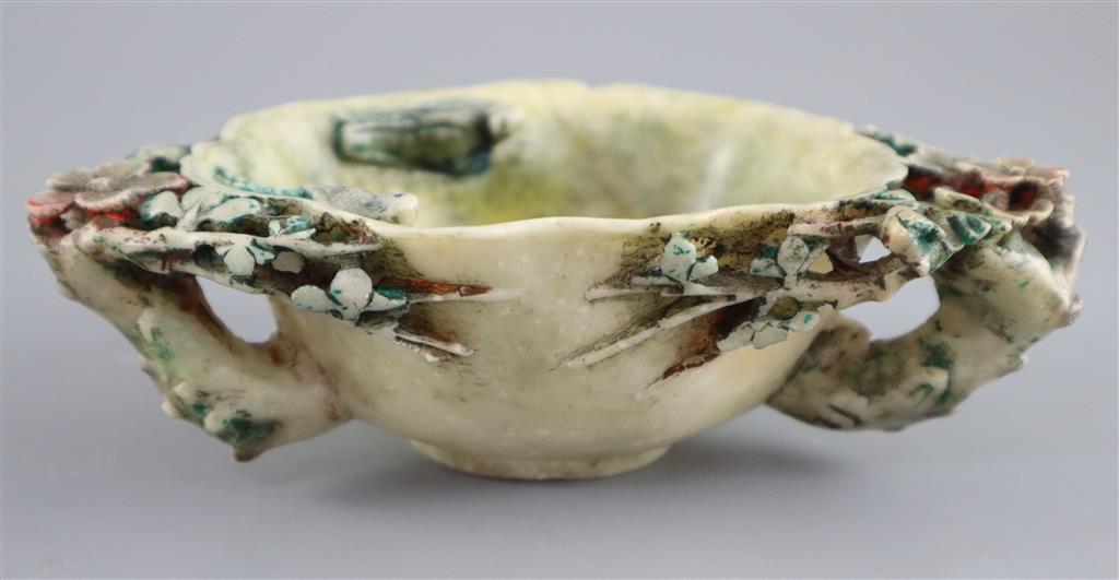 A Chinese polychrome soapstone libation cup or brush washer, probably Kangxi period, 15cm wide